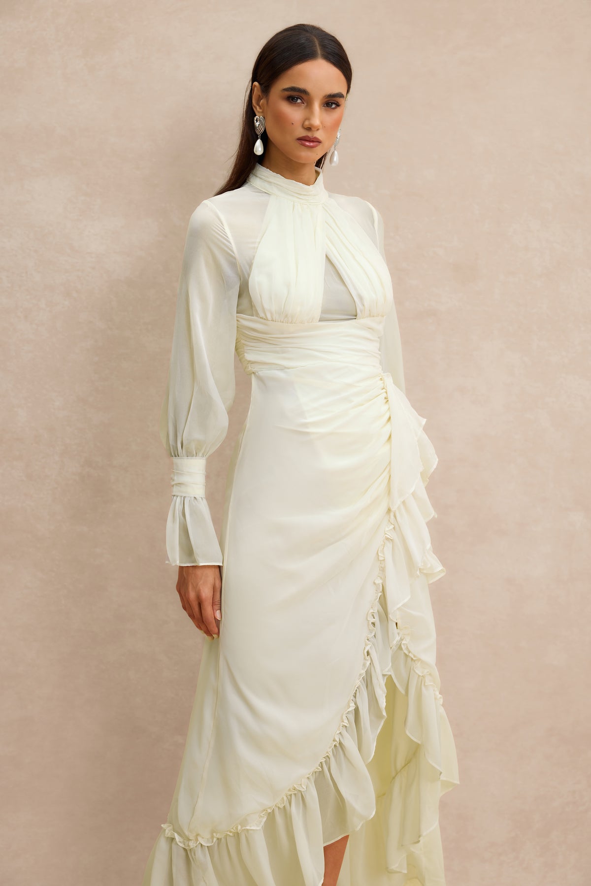Stand Collar Ruffle Gathering Midi Dress