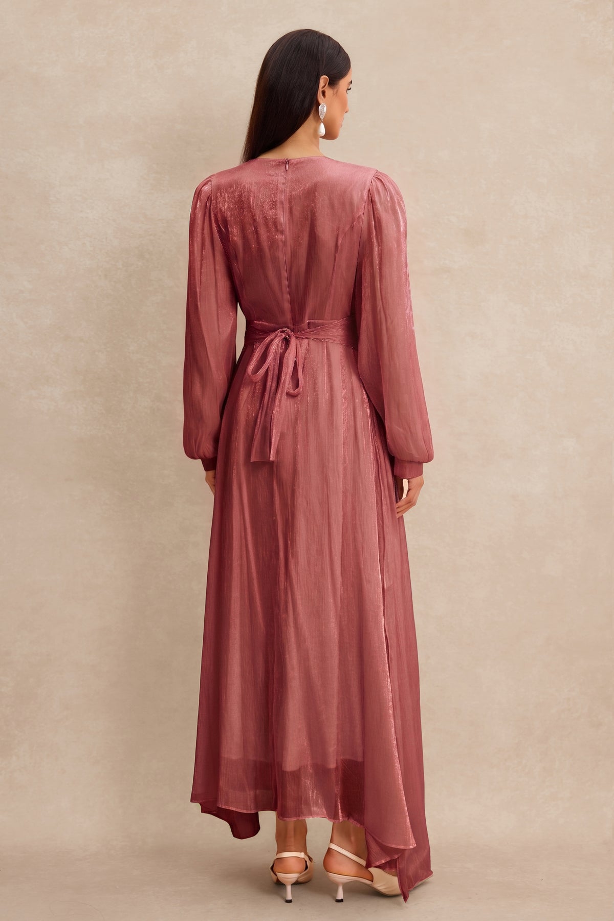 Rhinestone Rivets Gathering Long Sleeve Midi Dress