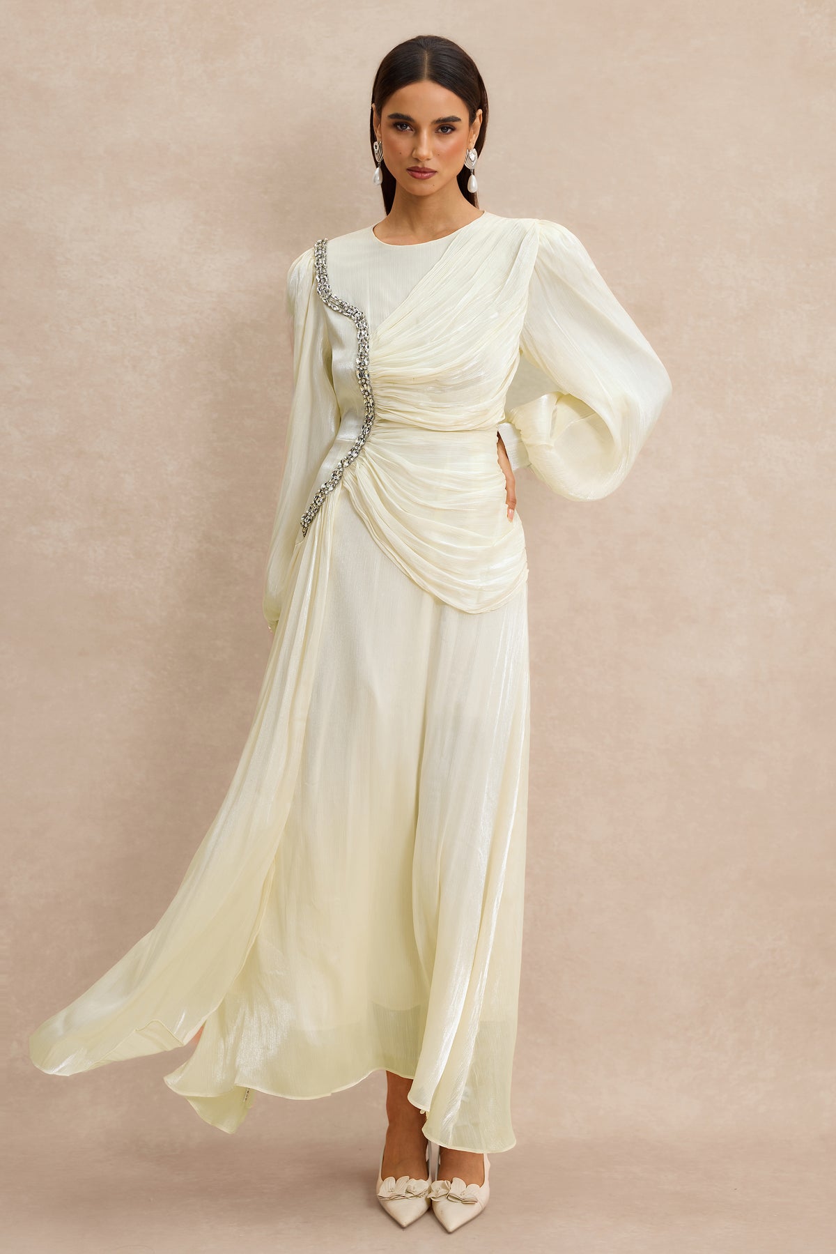 Rhinestone Rivets Gathering Long Sleeve Midi Dress