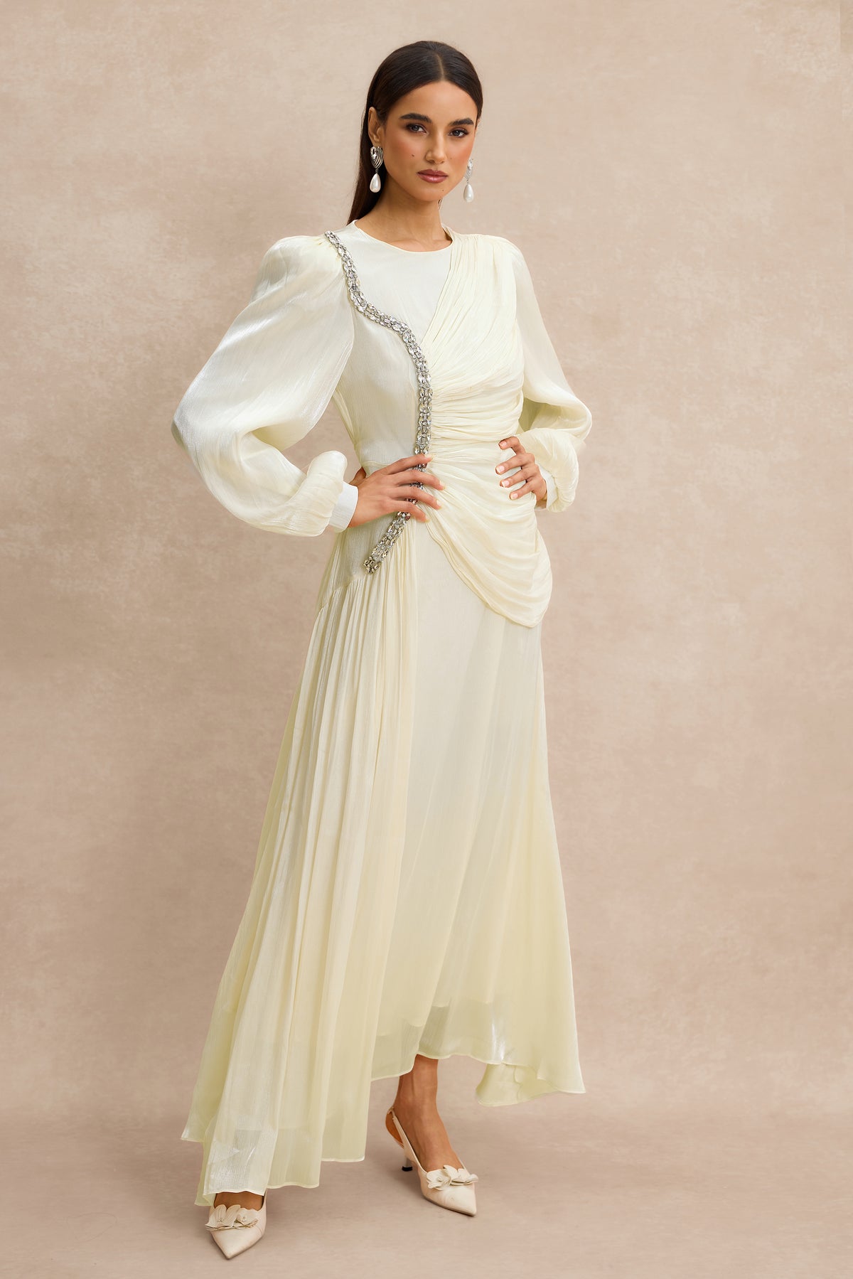 Rhinestone Rivets Gathering Long Sleeve Midi Dress