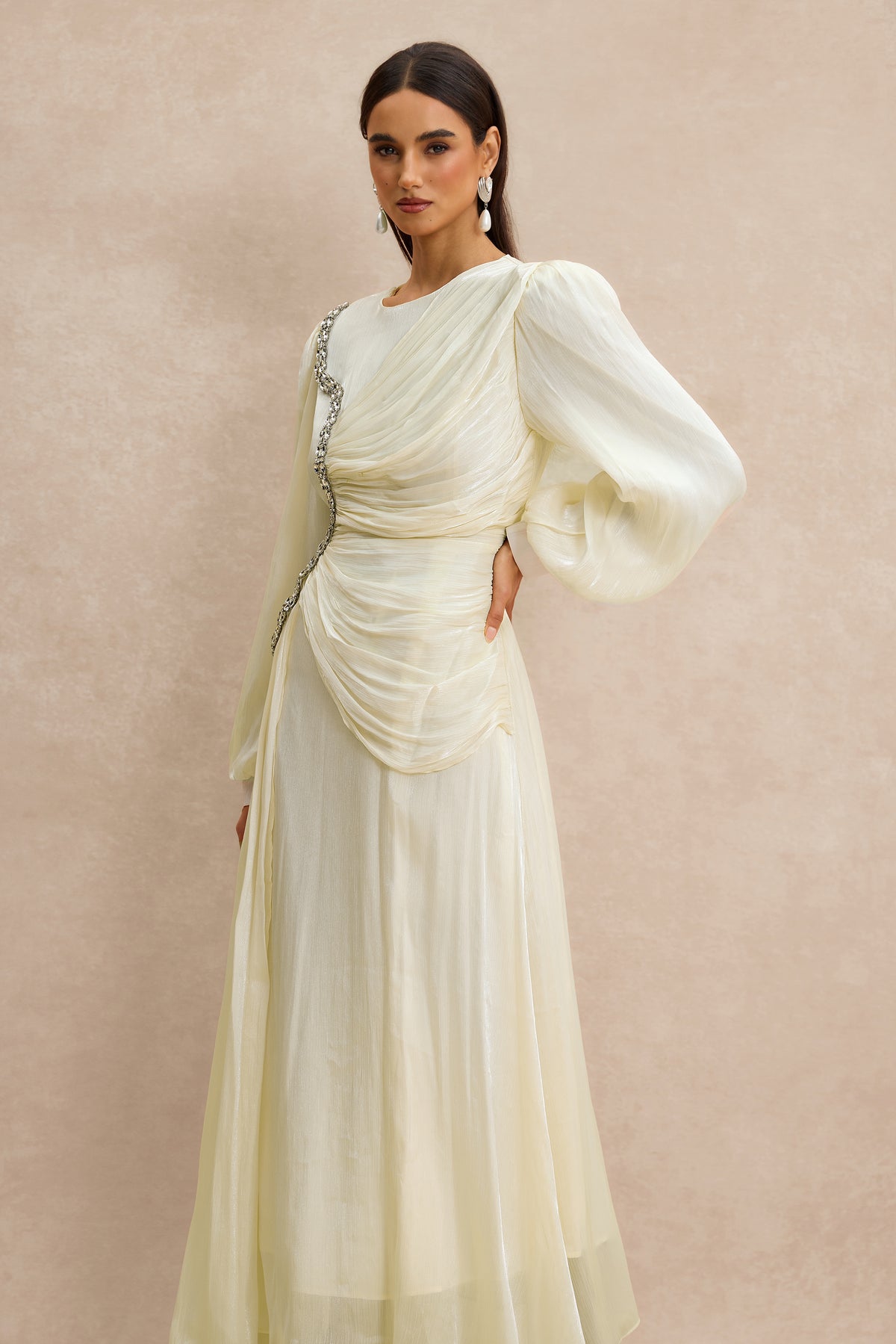 Rhinestone Rivets Gathering Long Sleeve Midi Dress