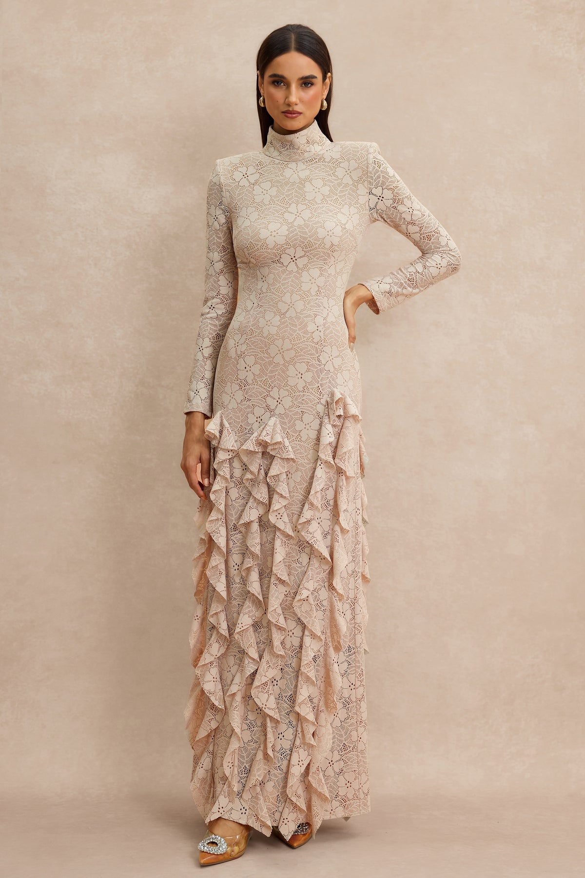 Lace Ruffle Long Sleeve Maxi Dress