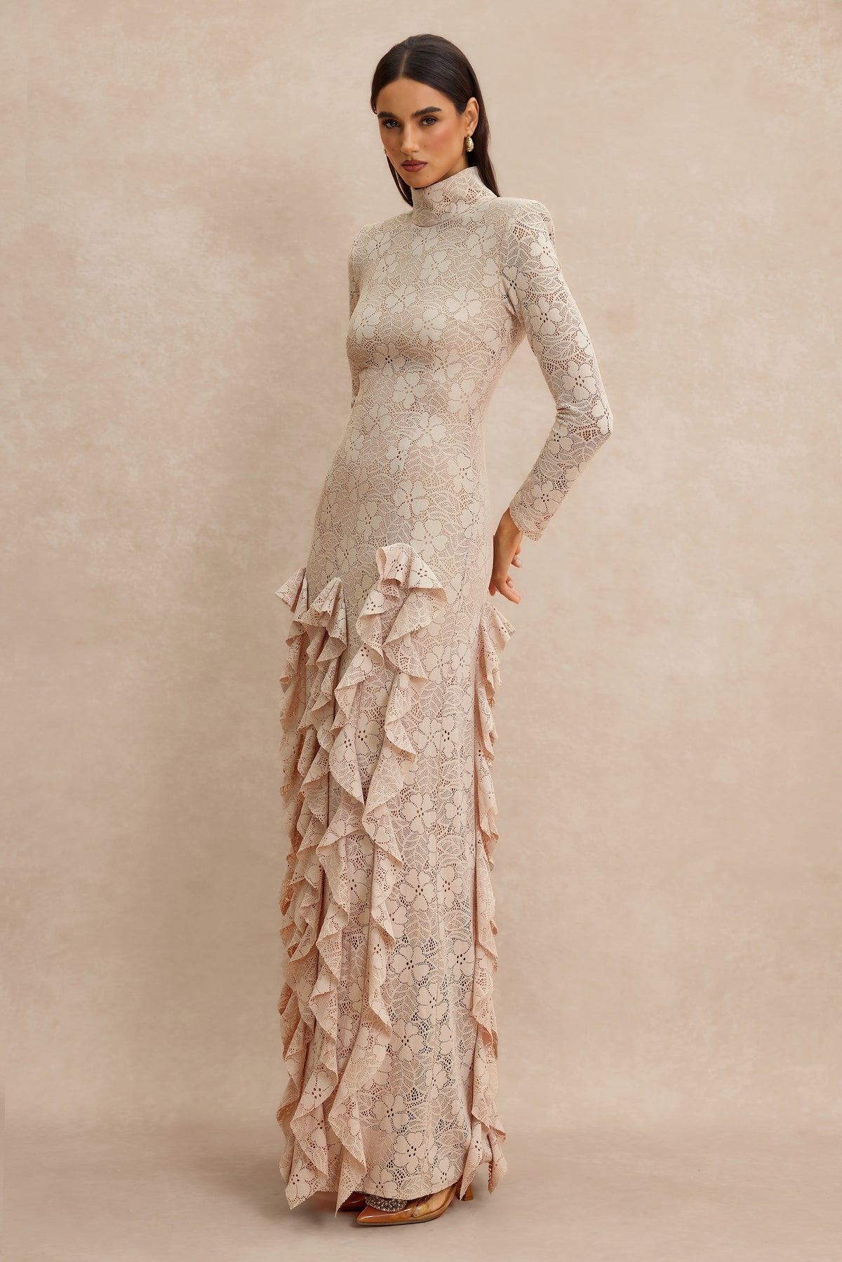 Lace Ruffle Long Sleeve Maxi Dress
