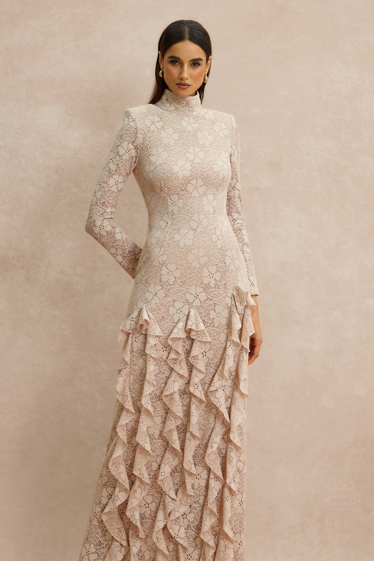 Lace Ruffle Long Sleeve Maxi Dress