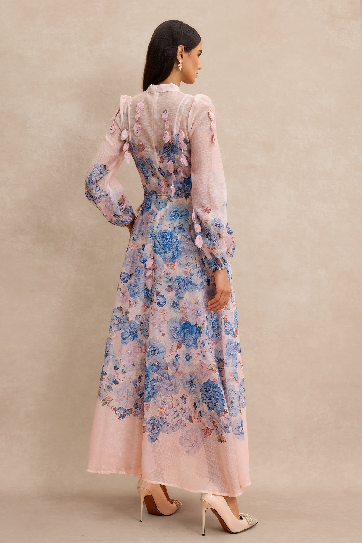 Floral Stand Collar Long Sleeve Midi Dress