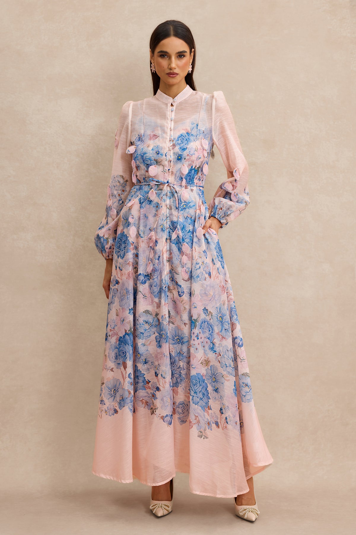 Floral Stand Collar Long Sleeve Midi Dress