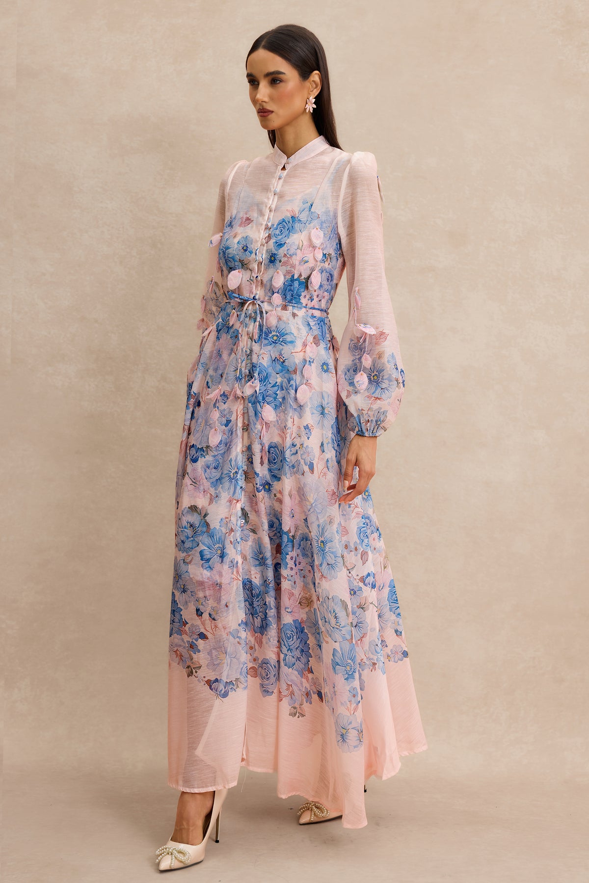 Floral Stand Collar Long Sleeve Midi Dress