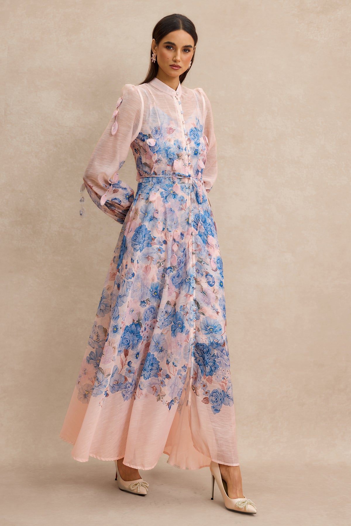 Floral Stand Collar Long Sleeve Midi Dress