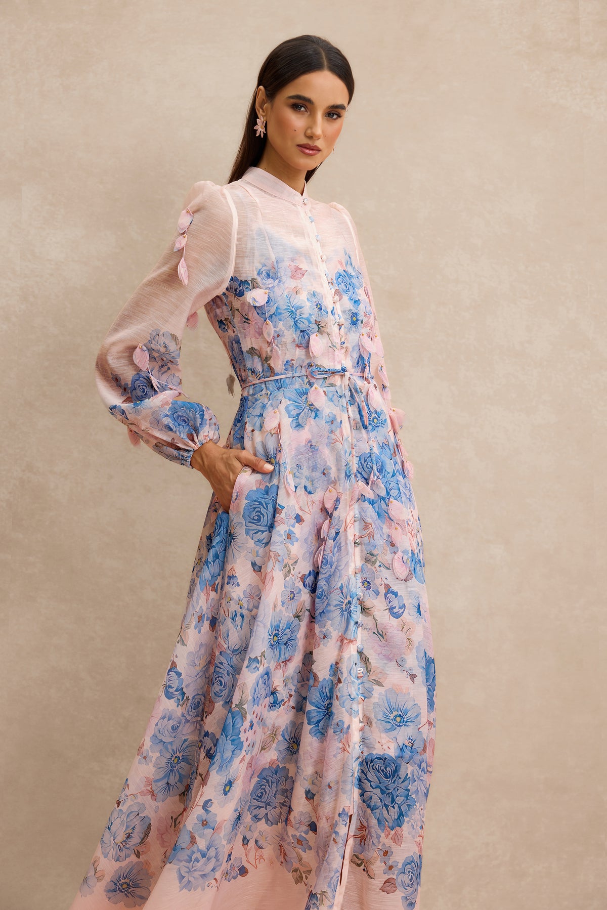 Floral Stand Collar Long Sleeve Midi Dress
