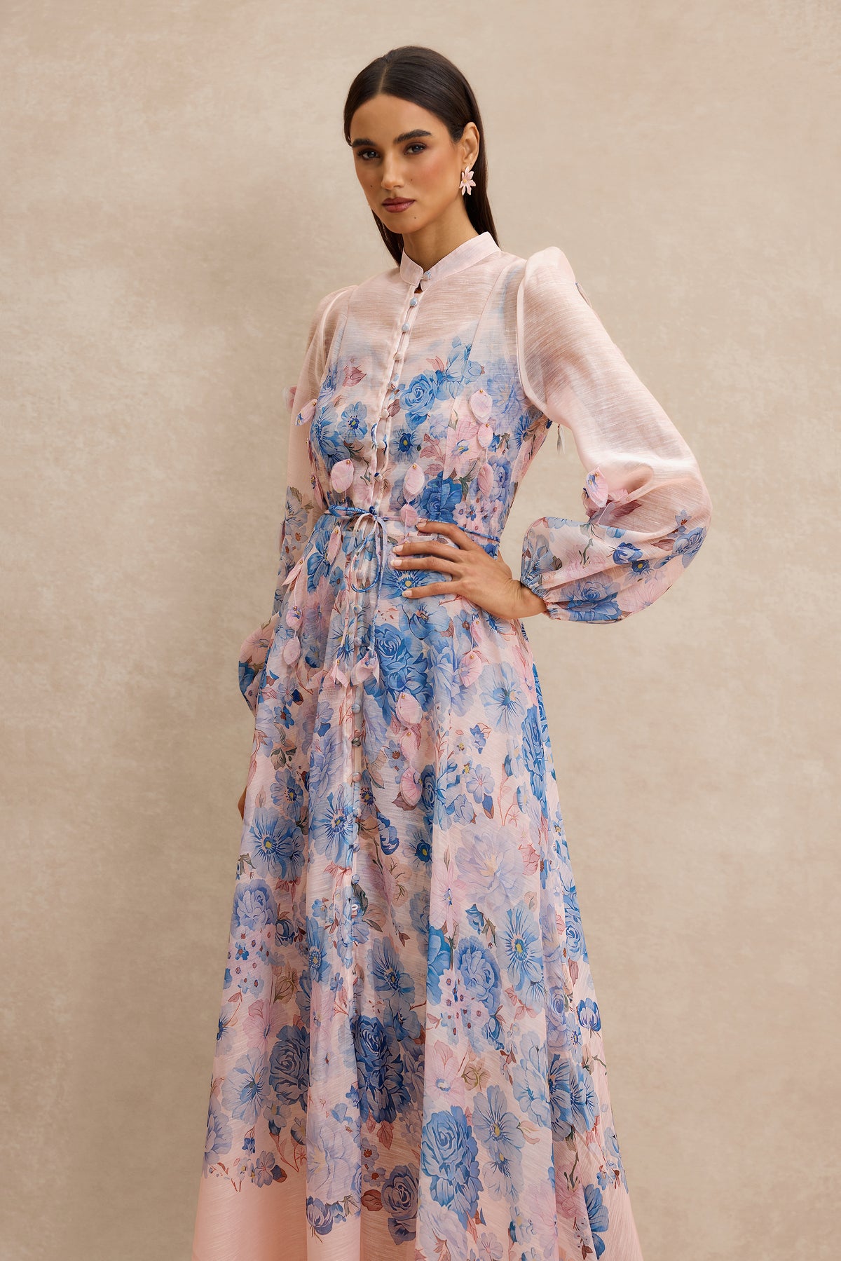 Floral Stand Collar Long Sleeve Midi Dress
