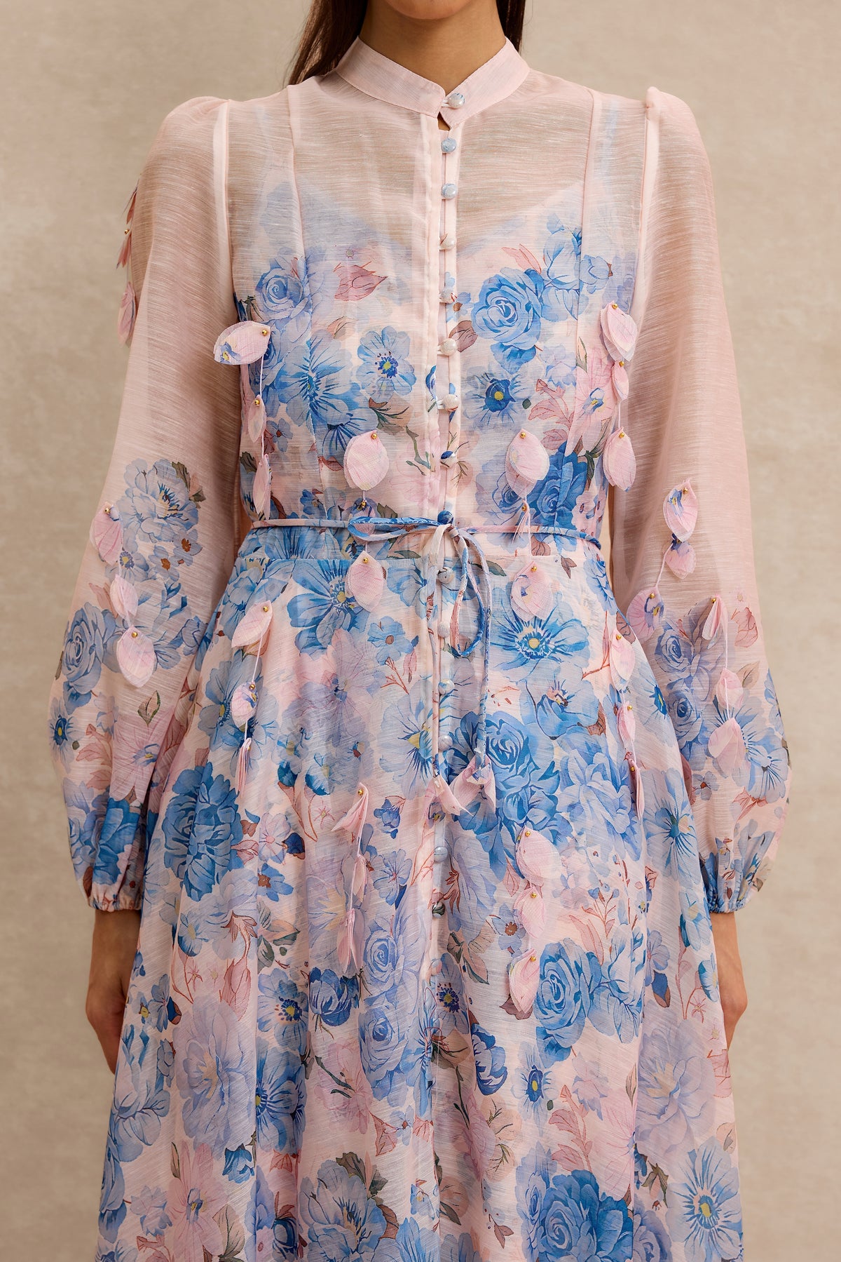 Floral Stand Collar Long Sleeve Midi Dress