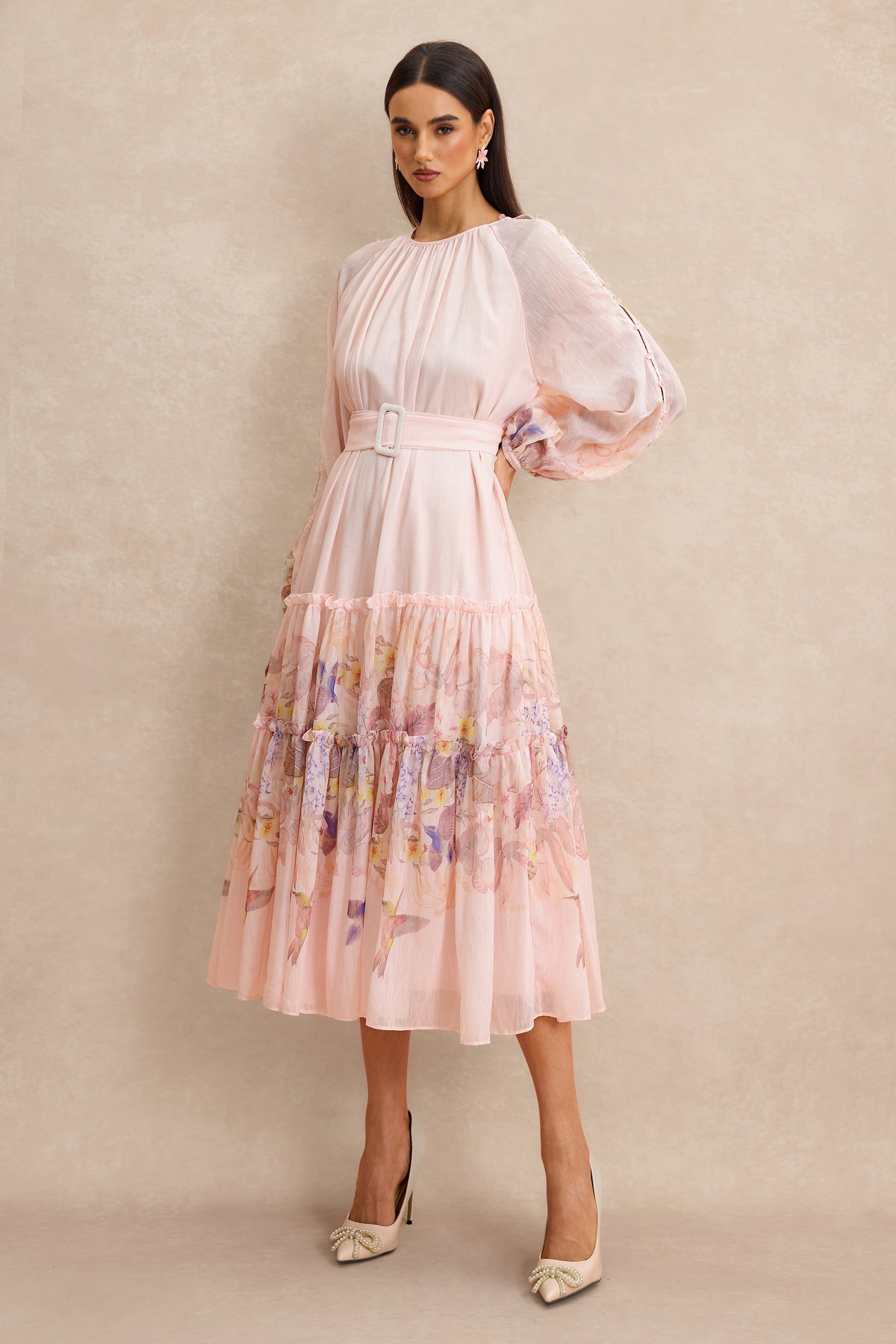 Floral Button Midi Dress With Belt