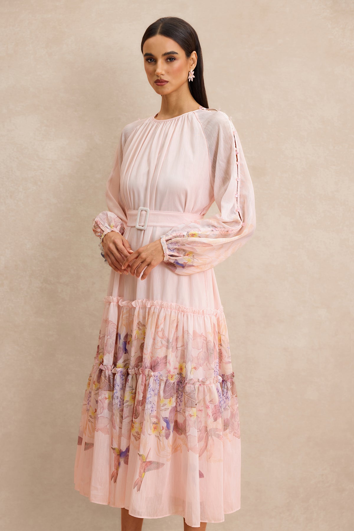 Floral Button Midi Dress With Belt