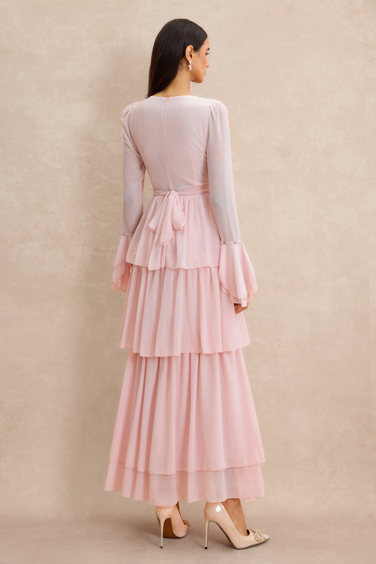 3D Flower Beaded Ruffle Midi Dress