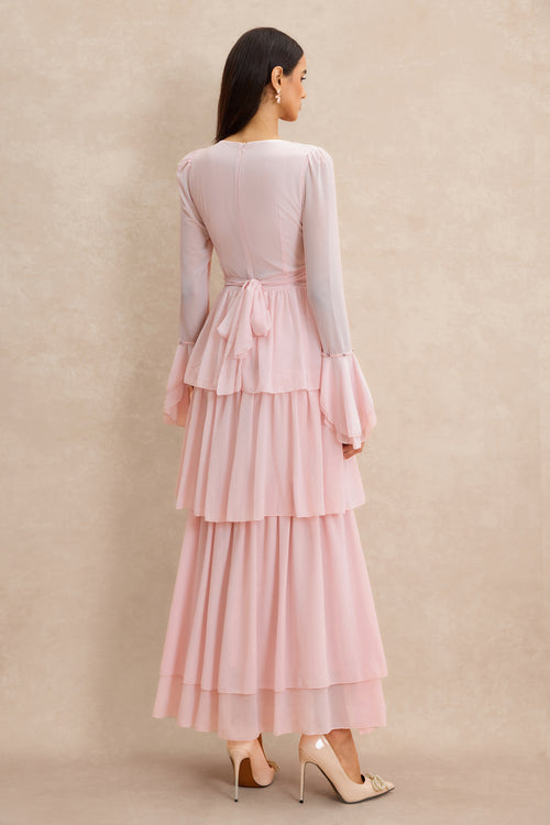 3D Flower Beaded Ruffle Midi Dress