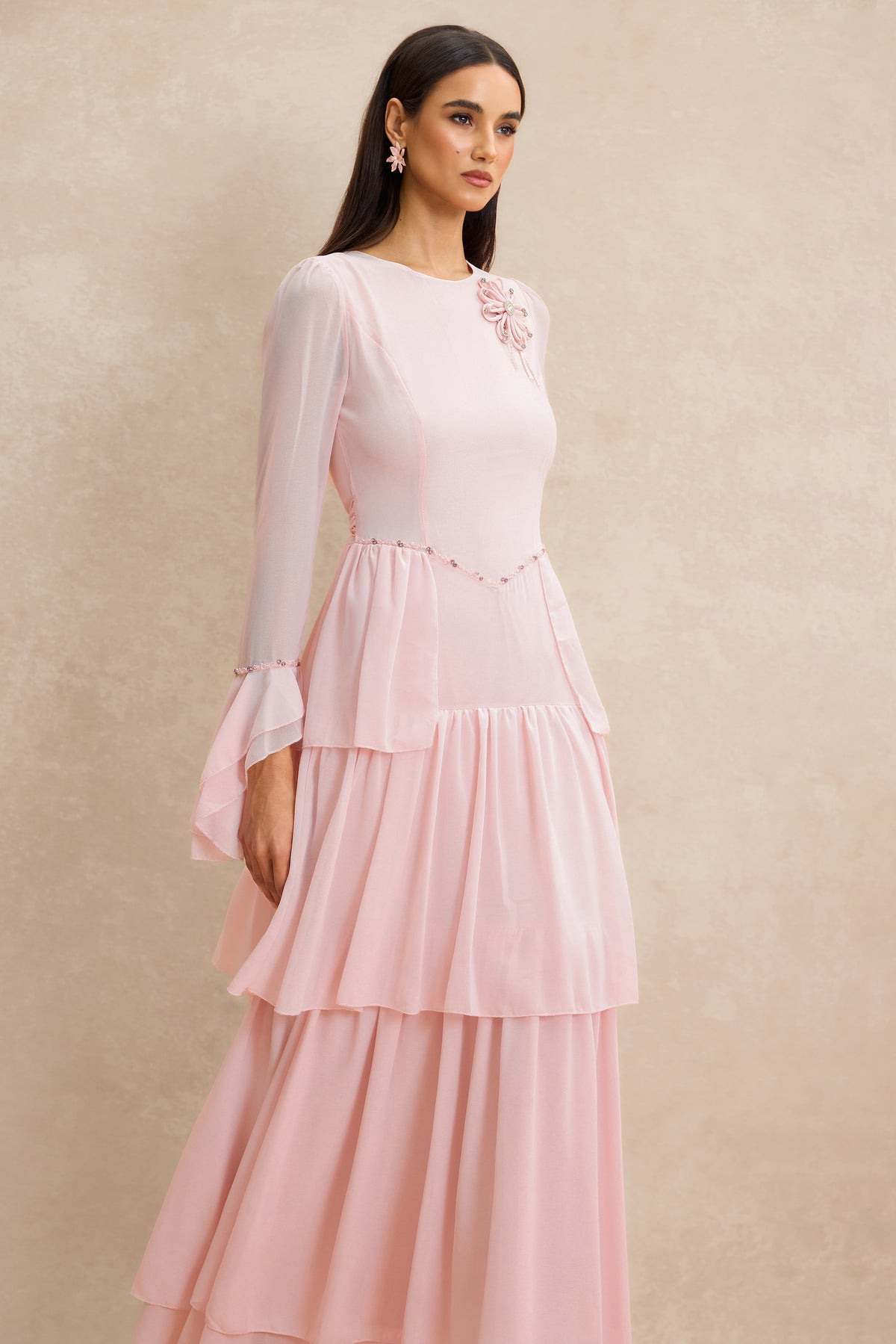 3D Flower Beaded Ruffle Midi Dress