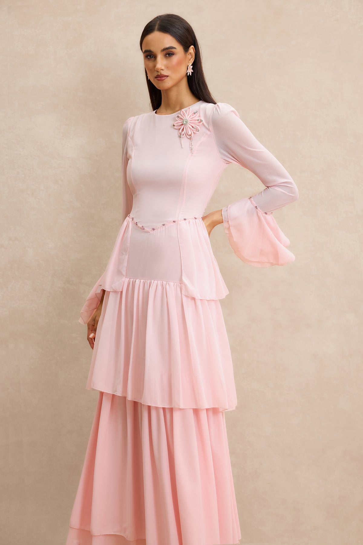 3D Flower Beaded Ruffle Midi Dress