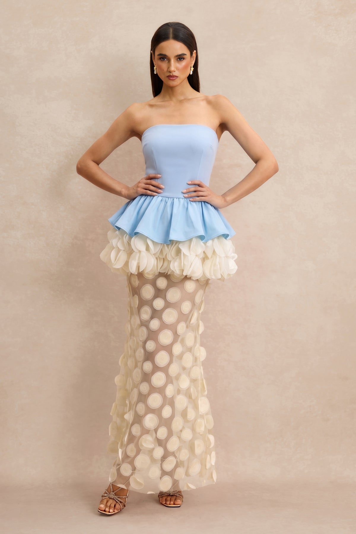Strapless Floral Peplum Maxi Dress