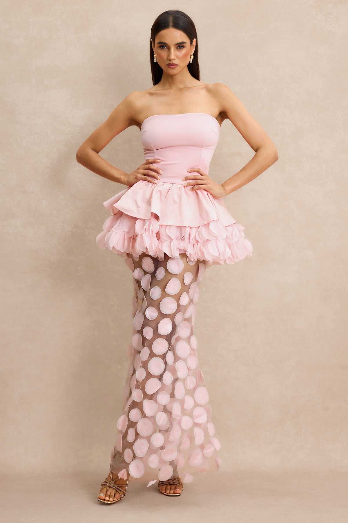Strapless Floral Peplum Maxi Dress