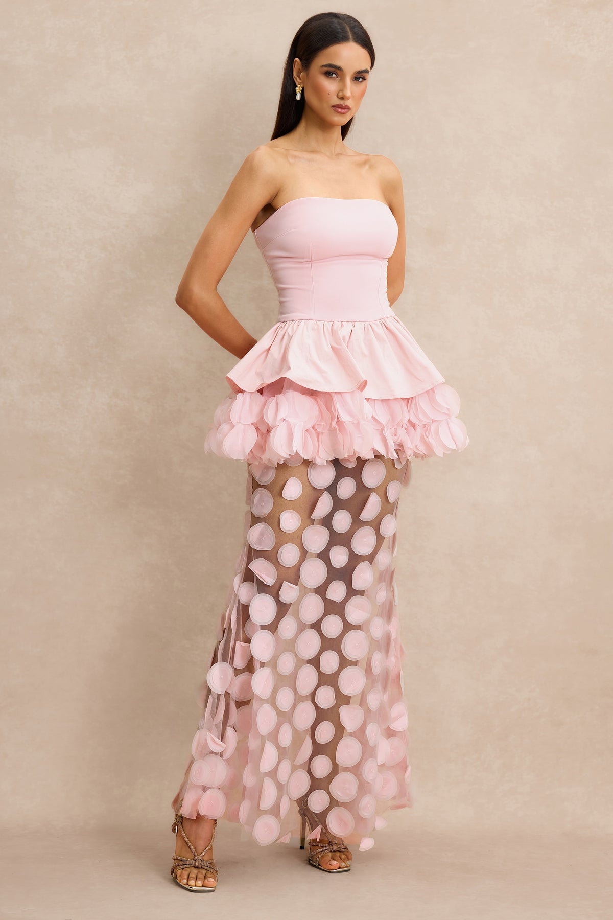 Strapless Floral Peplum Maxi Dress