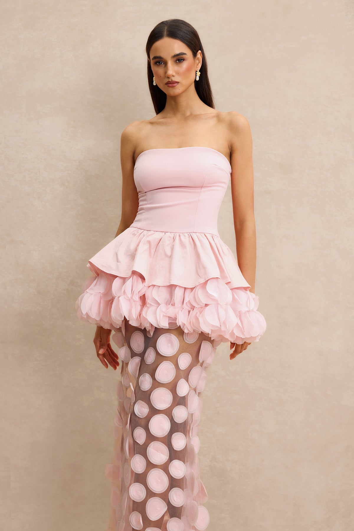 Strapless Floral Peplum Maxi Dress