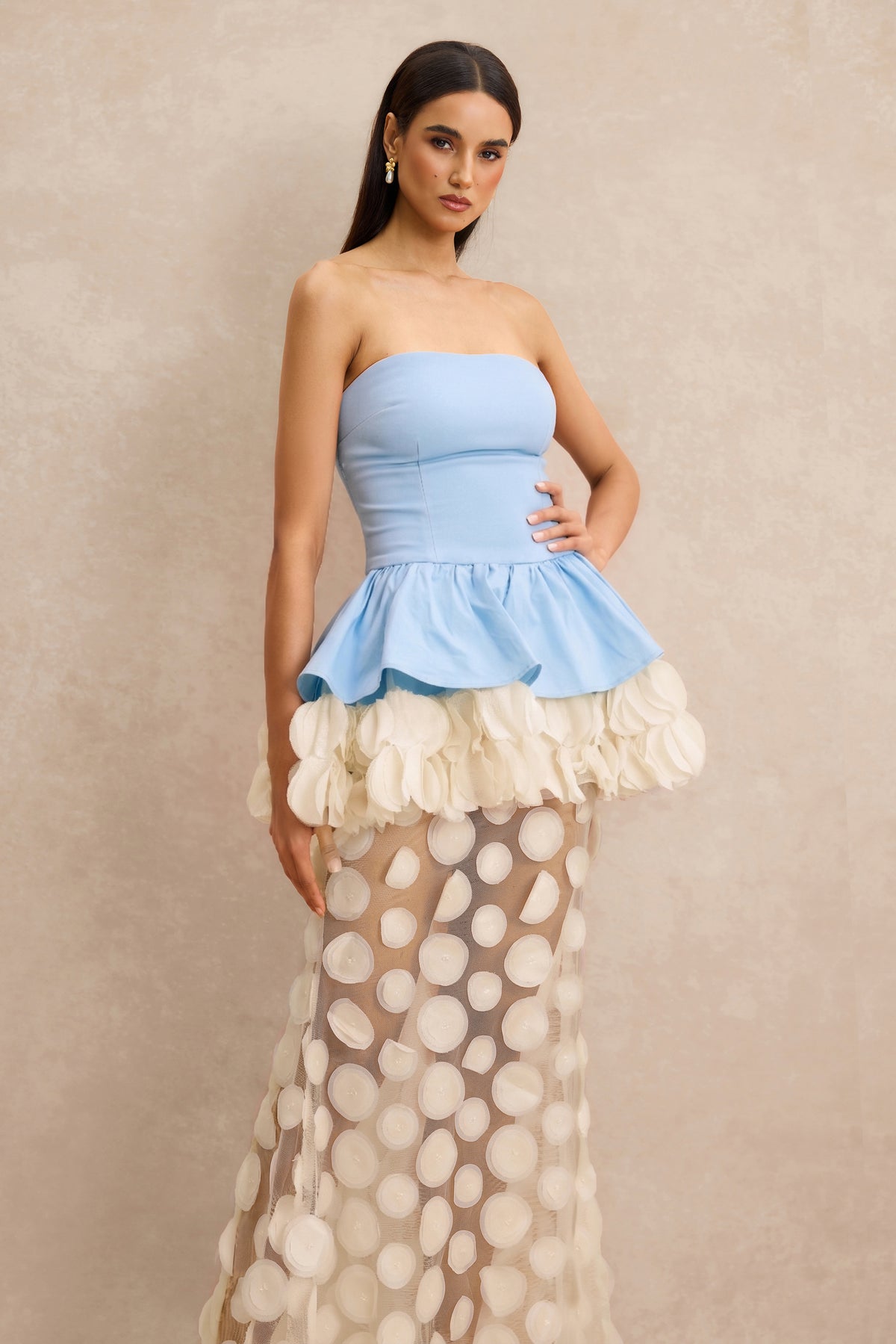 Strapless Floral Peplum Maxi Dress