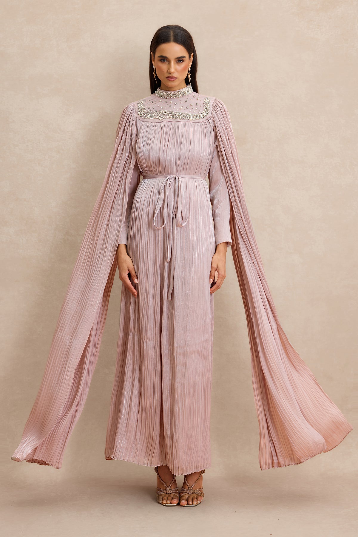 Faux Pearl Pleated Cape Sleeve Midi Dress