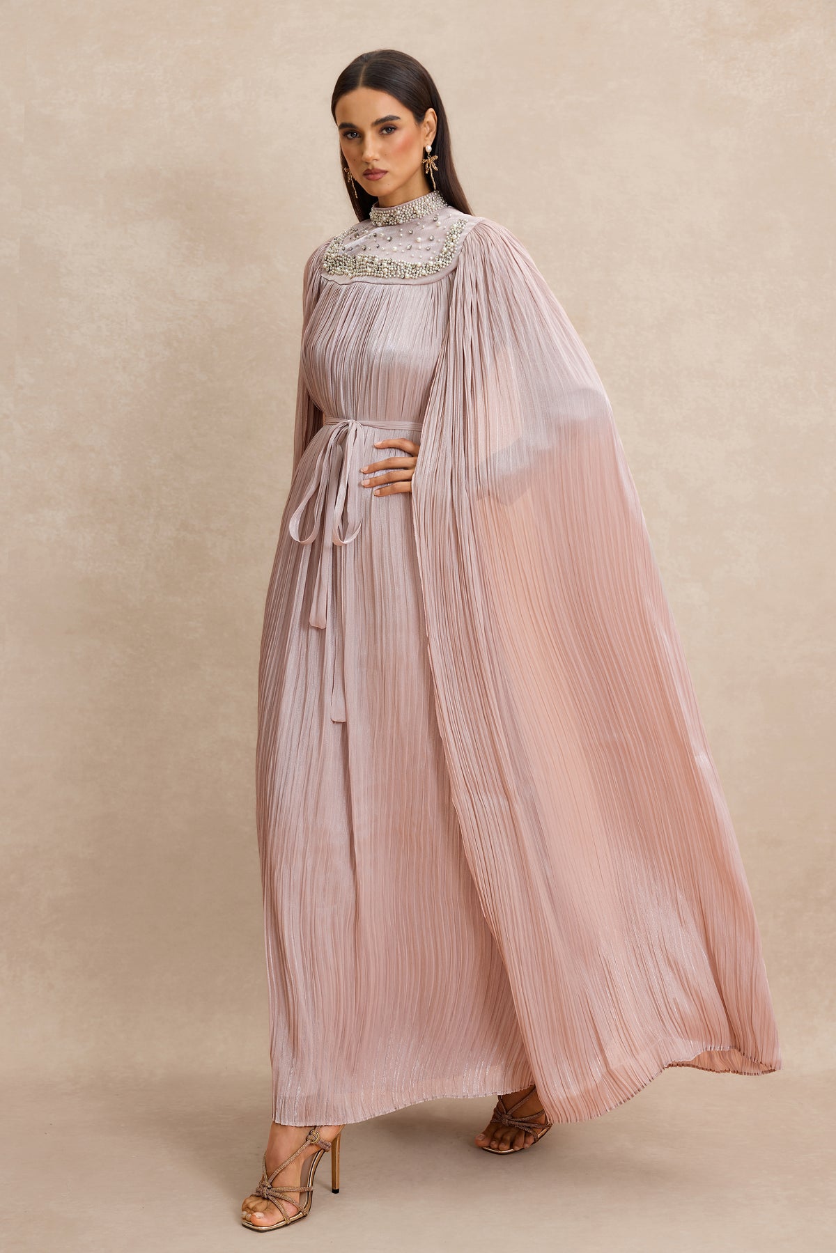 Faux Pearl Pleated Cape Sleeve Midi Dress
