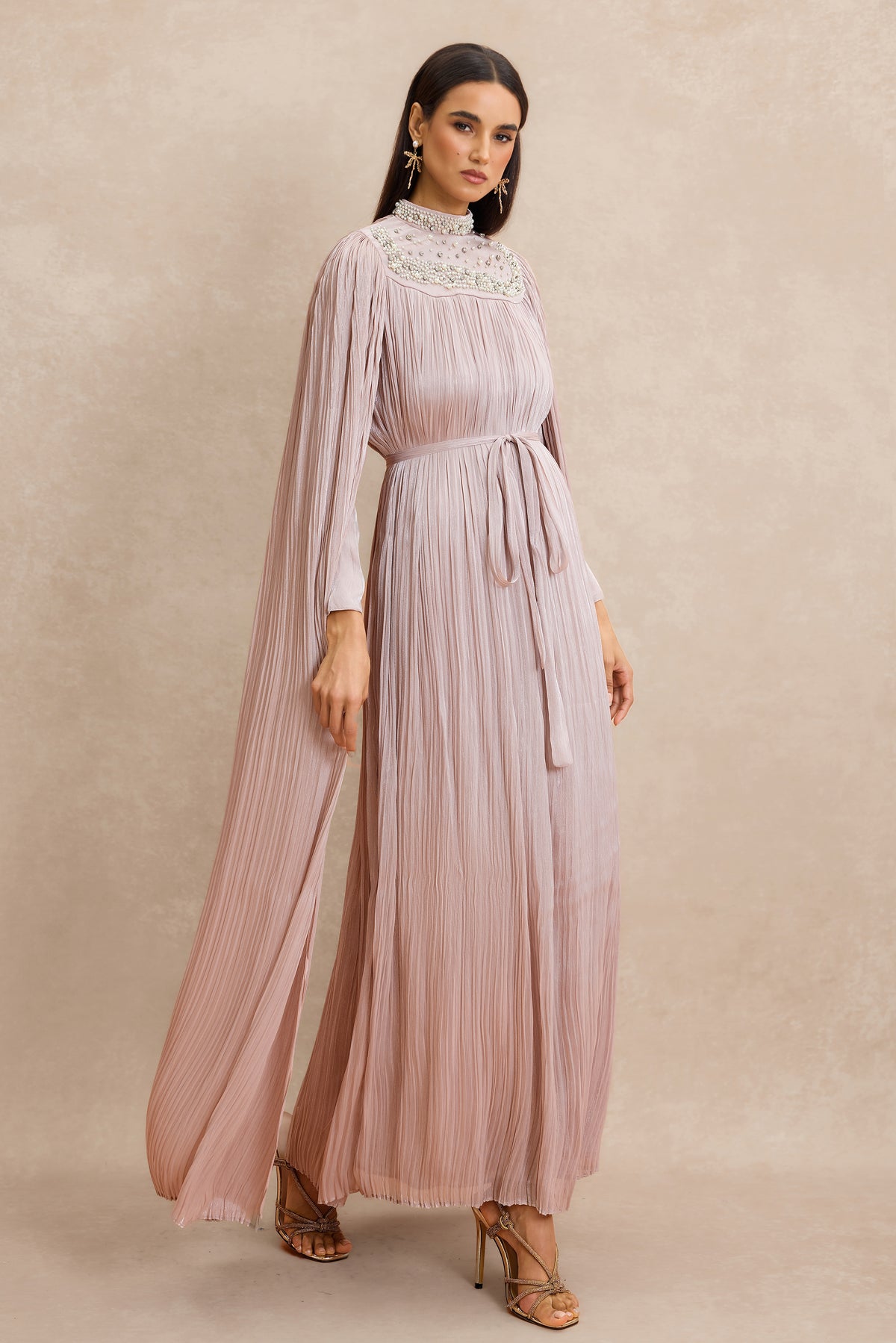 Faux Pearl Pleated Cape Sleeve Midi Dress