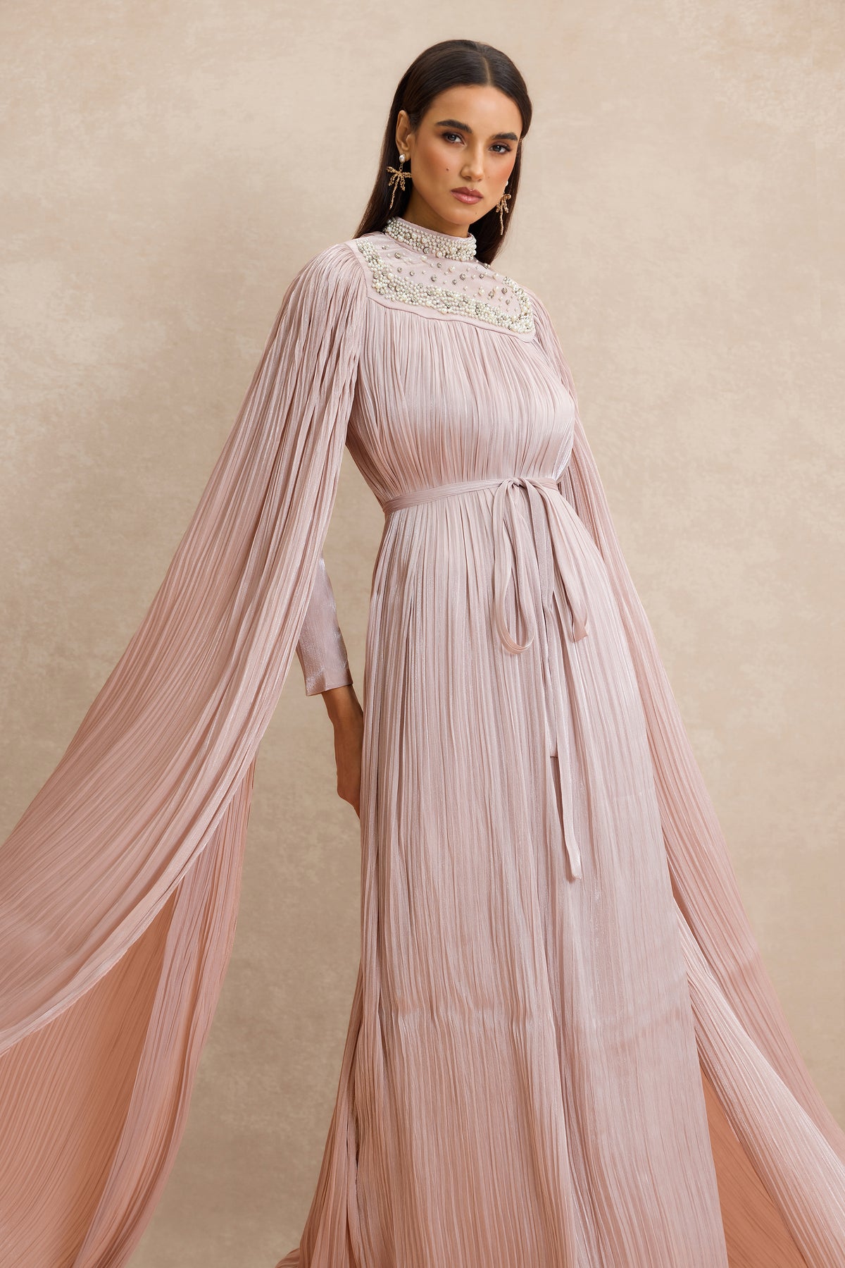 Faux Pearl Pleated Cape Sleeve Midi Dress