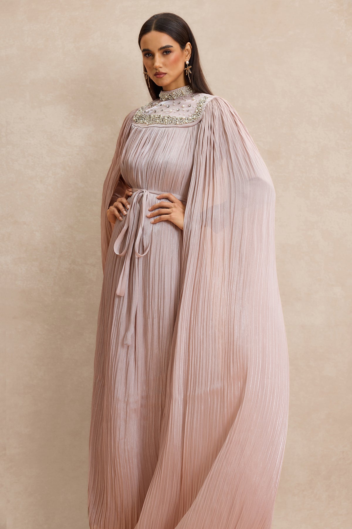 Faux Pearl Pleated Cape Sleeve Midi Dress