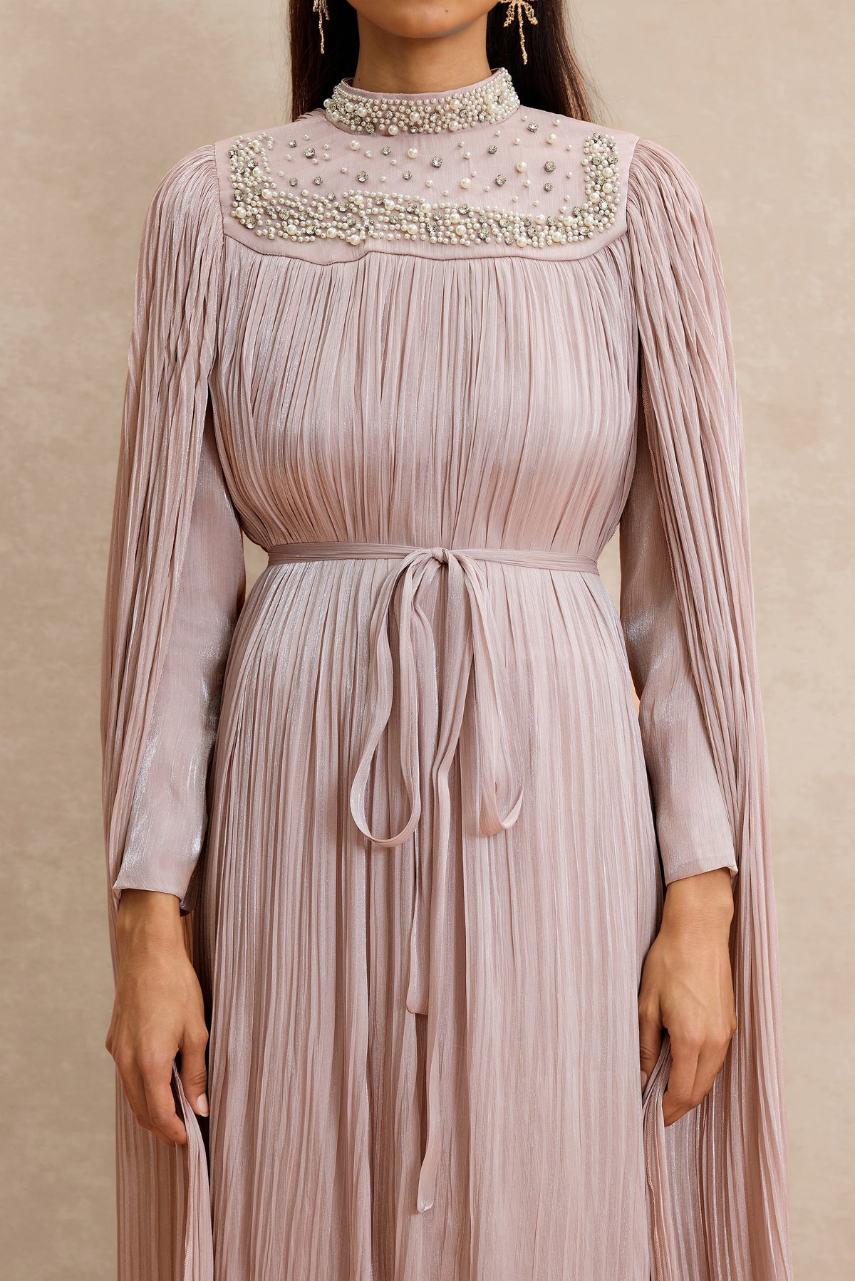 Faux Pearl Pleated Cape Sleeve Midi Dress