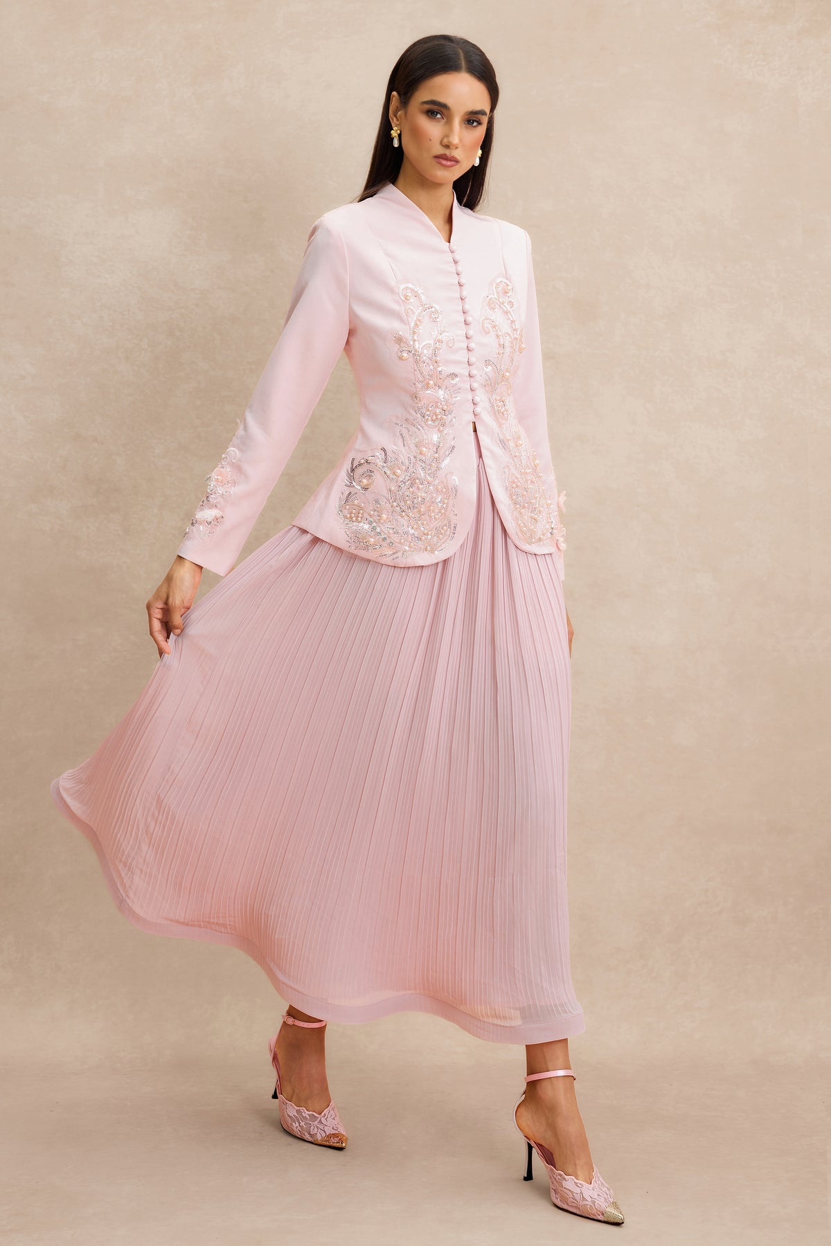 Nail Bead Embroidery Button Top & Midi Skirt Set