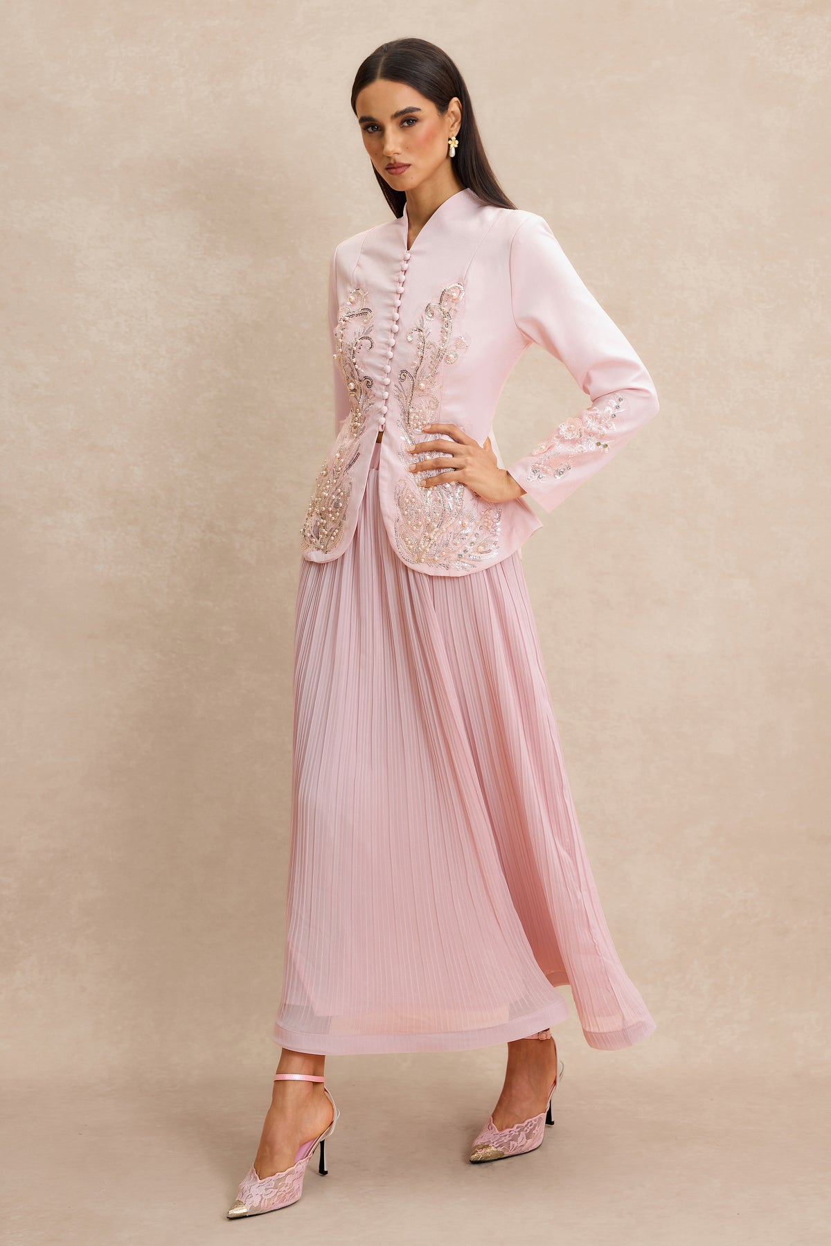Nail Bead Embroidery Button Top & Midi Skirt Set