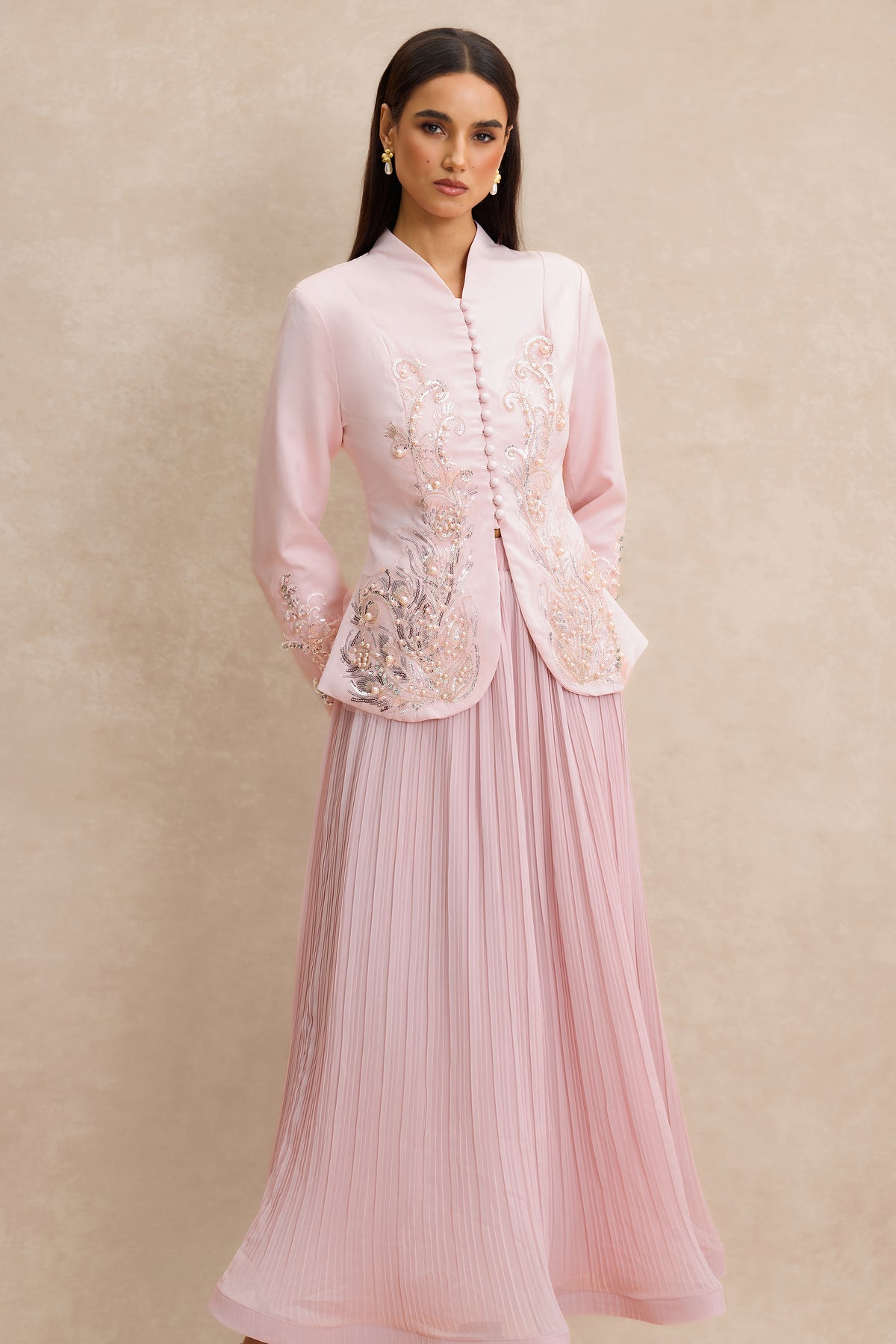 Nail Bead Embroidery Button Top & Midi Skirt Set