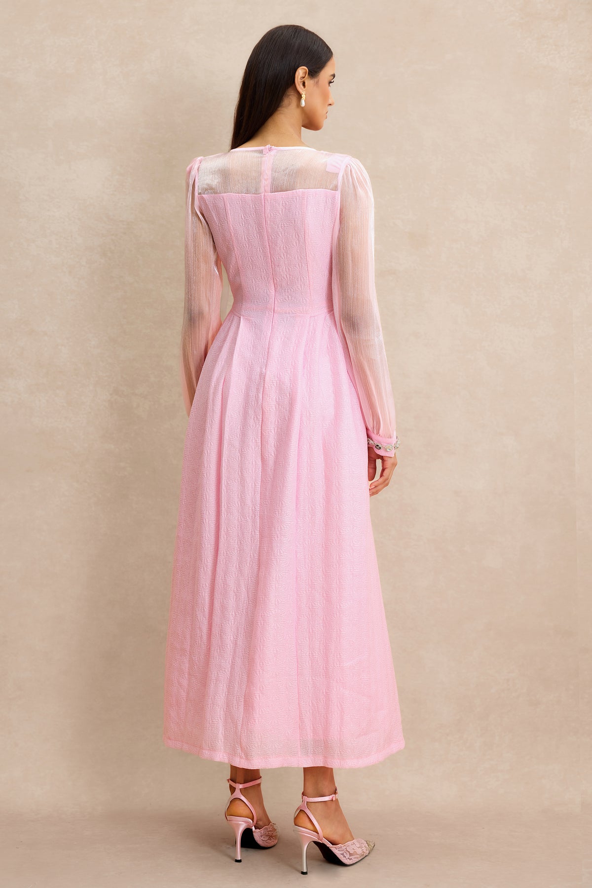 Organza Splicing Rhinestone Square Neck Midi Dress