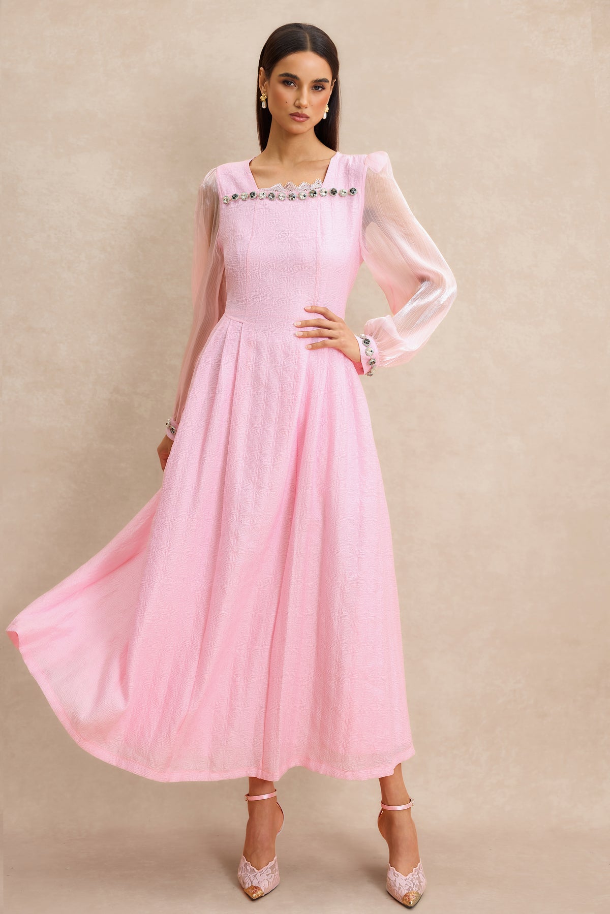 Organza Splicing Rhinestone Square Neck Midi Dress