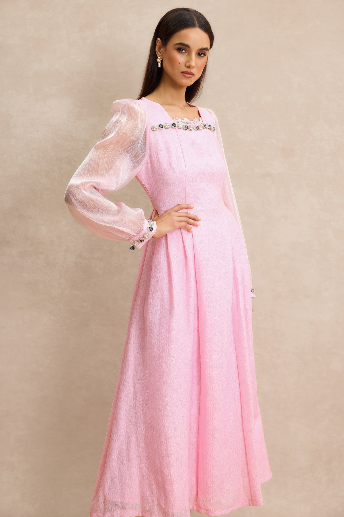 Organza Splicing Rhinestone Square Neck Midi Dress