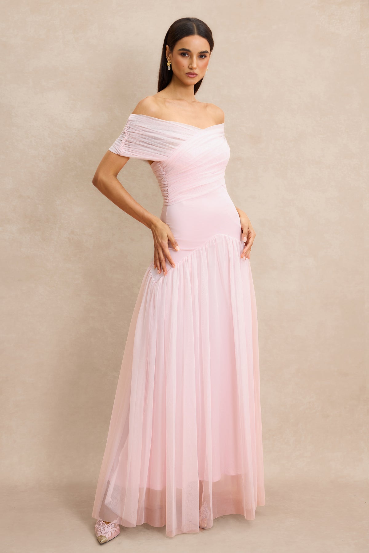 Gathering Solid Off Shoulder Maxi Dress