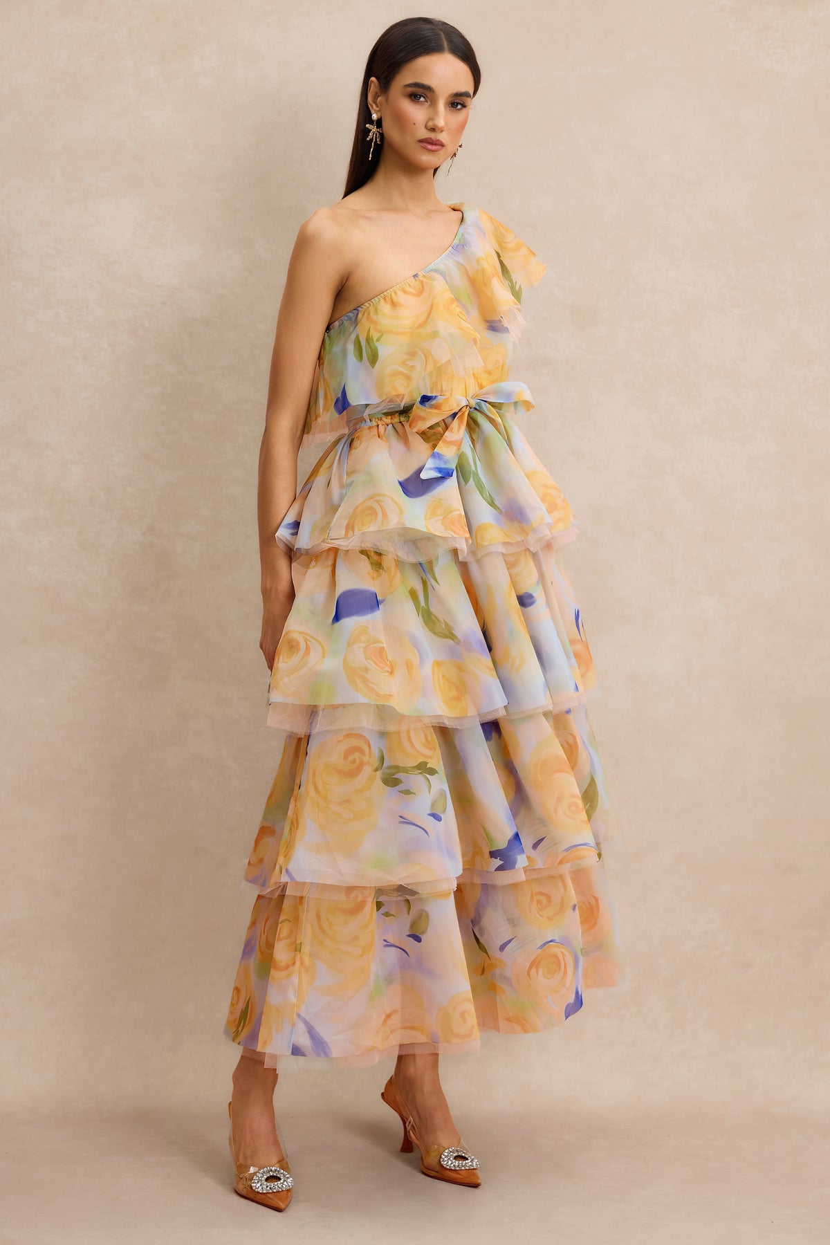 Floral Ruffle One Shoulder Midi Dress