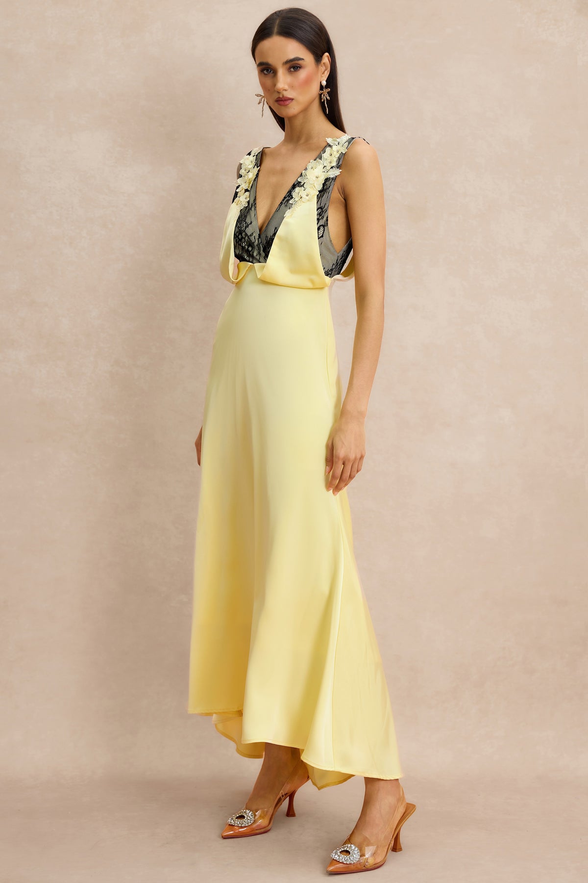 Contrast Color Lace 3D Flower Maxi Dress