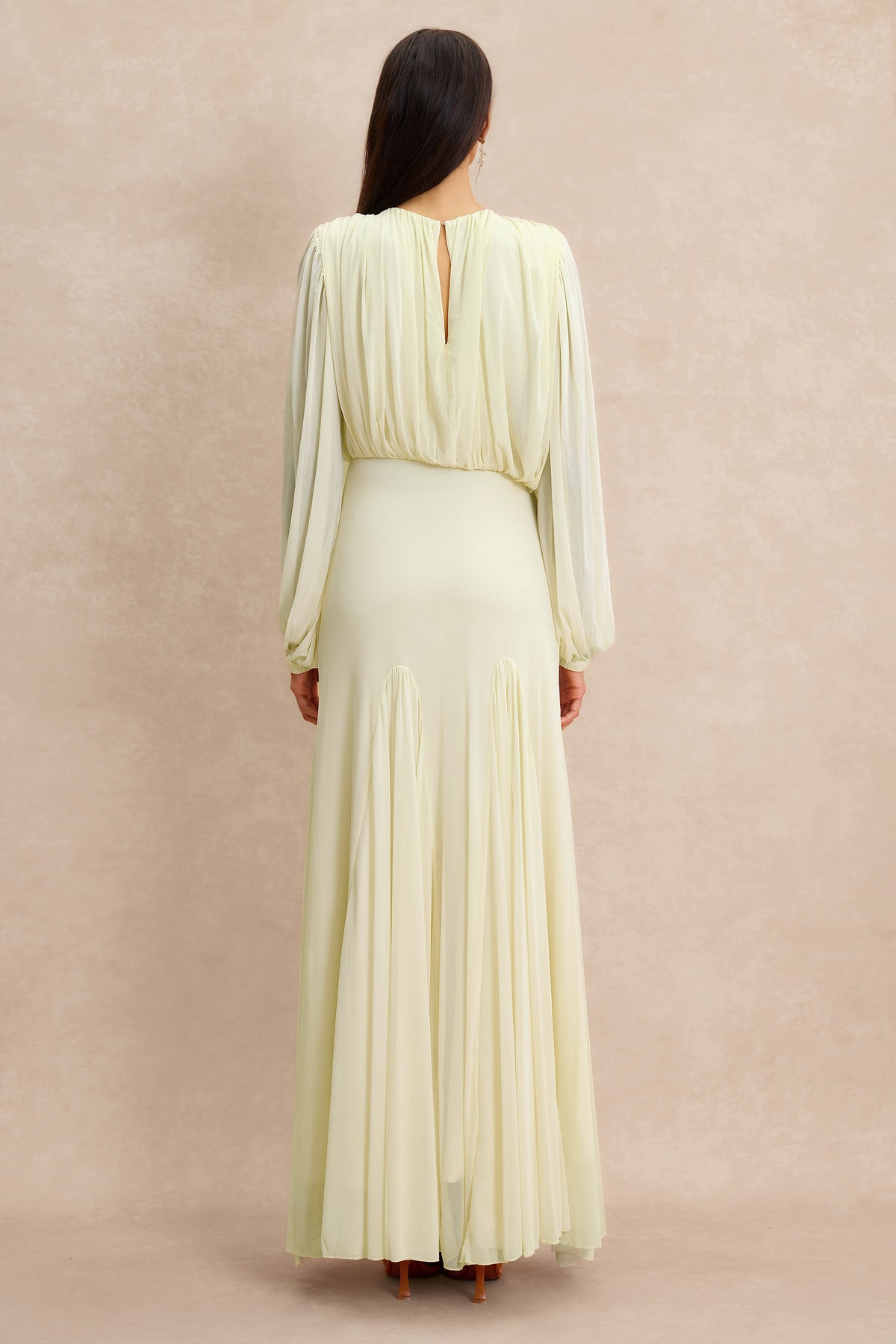 Gathering Round Neck Lantern Sleeve Maxi Dress