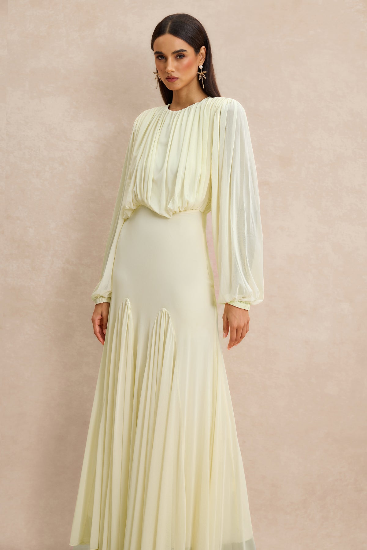 Gathering Round Neck Lantern Sleeve Maxi Dress