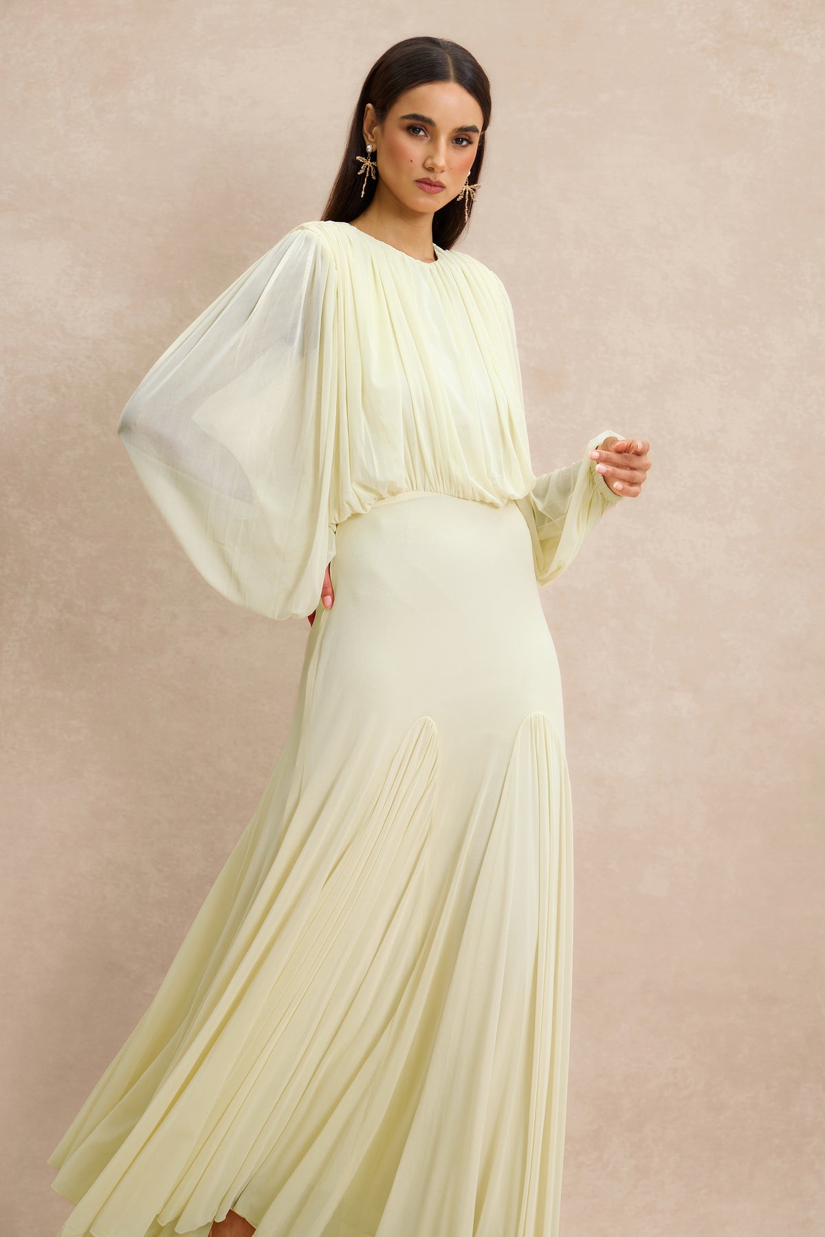 Gathering Round Neck Lantern Sleeve Maxi Dress