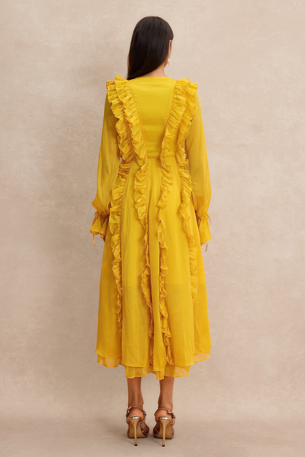 Ruffle Lace-Up Long Sleeve Midi Dress