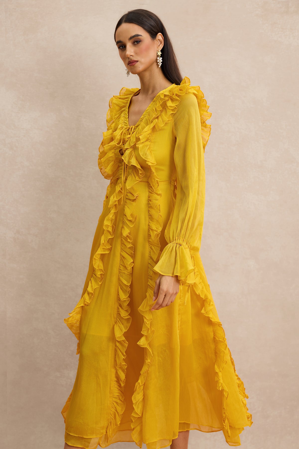 Ruffle Lace-Up Long Sleeve Midi Dress