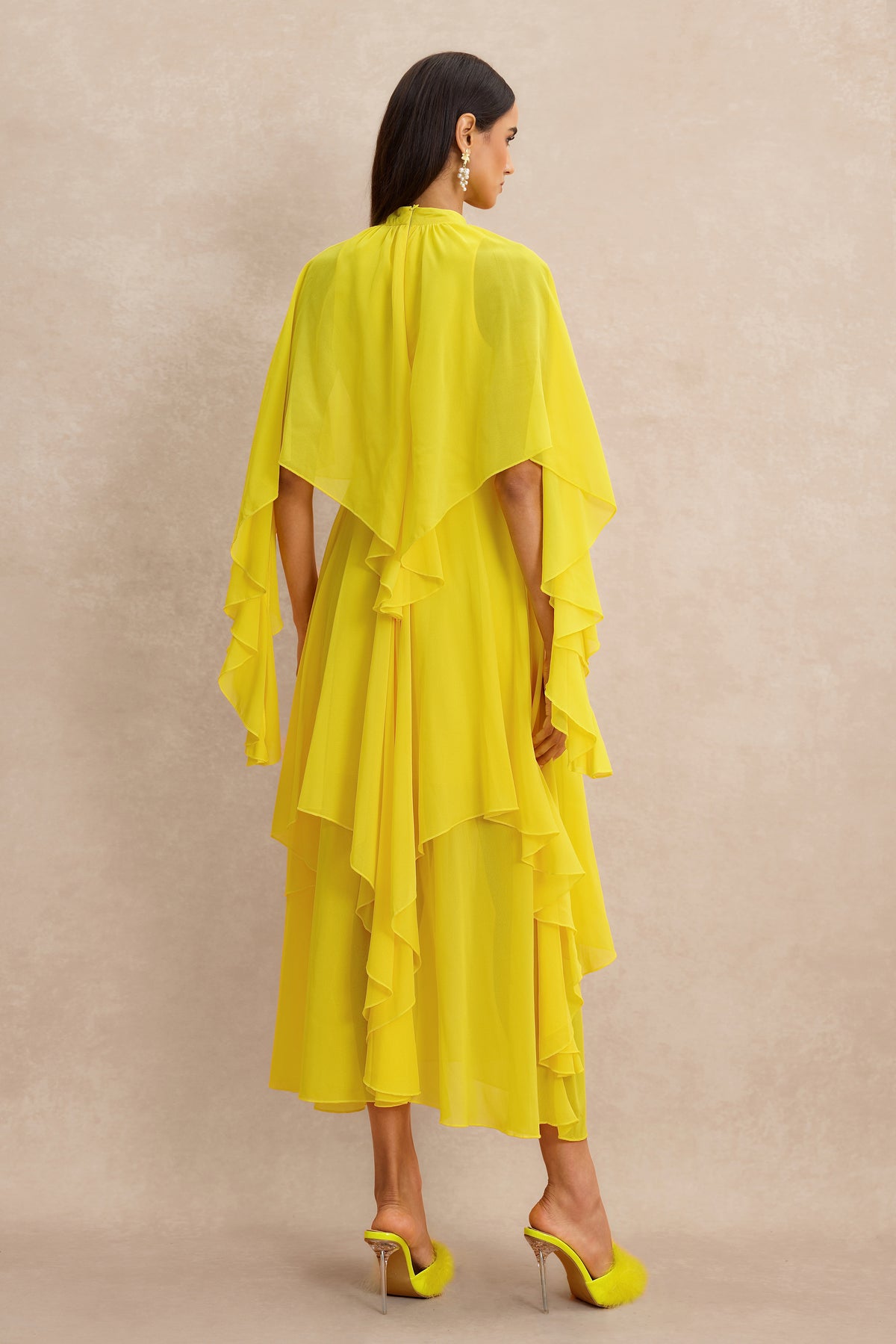 Ruffle Solid Cape Sleeve Midi Dress