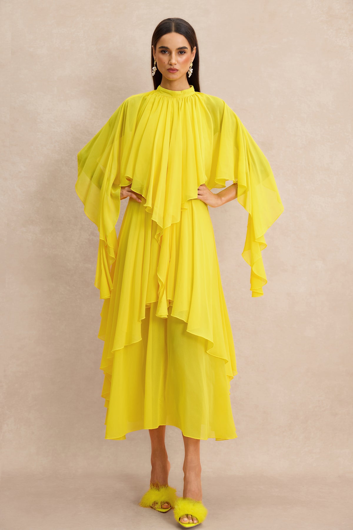 Ruffle Solid Cape Sleeve Midi Dress