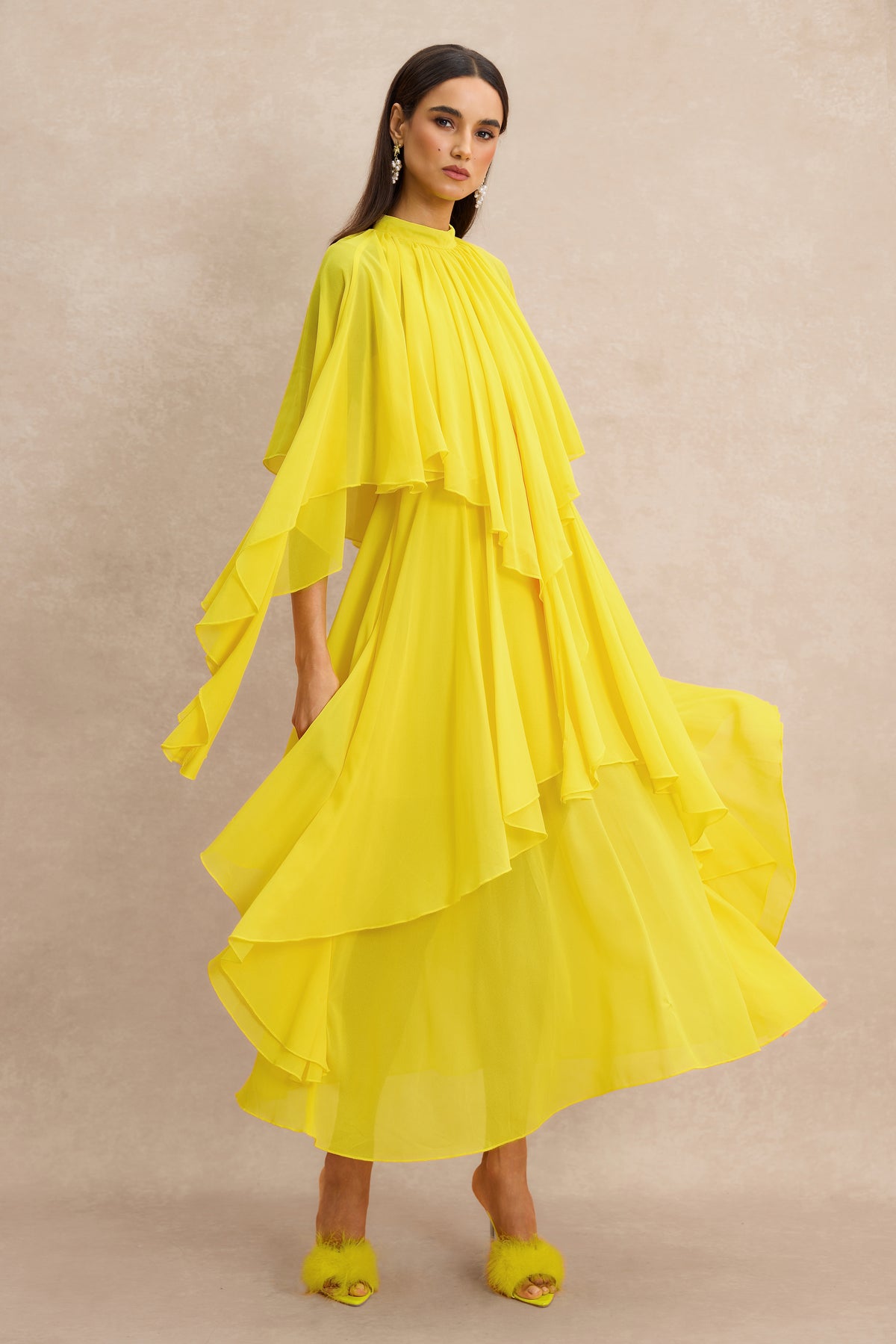 Ruffle Solid Cape Sleeve Midi Dress