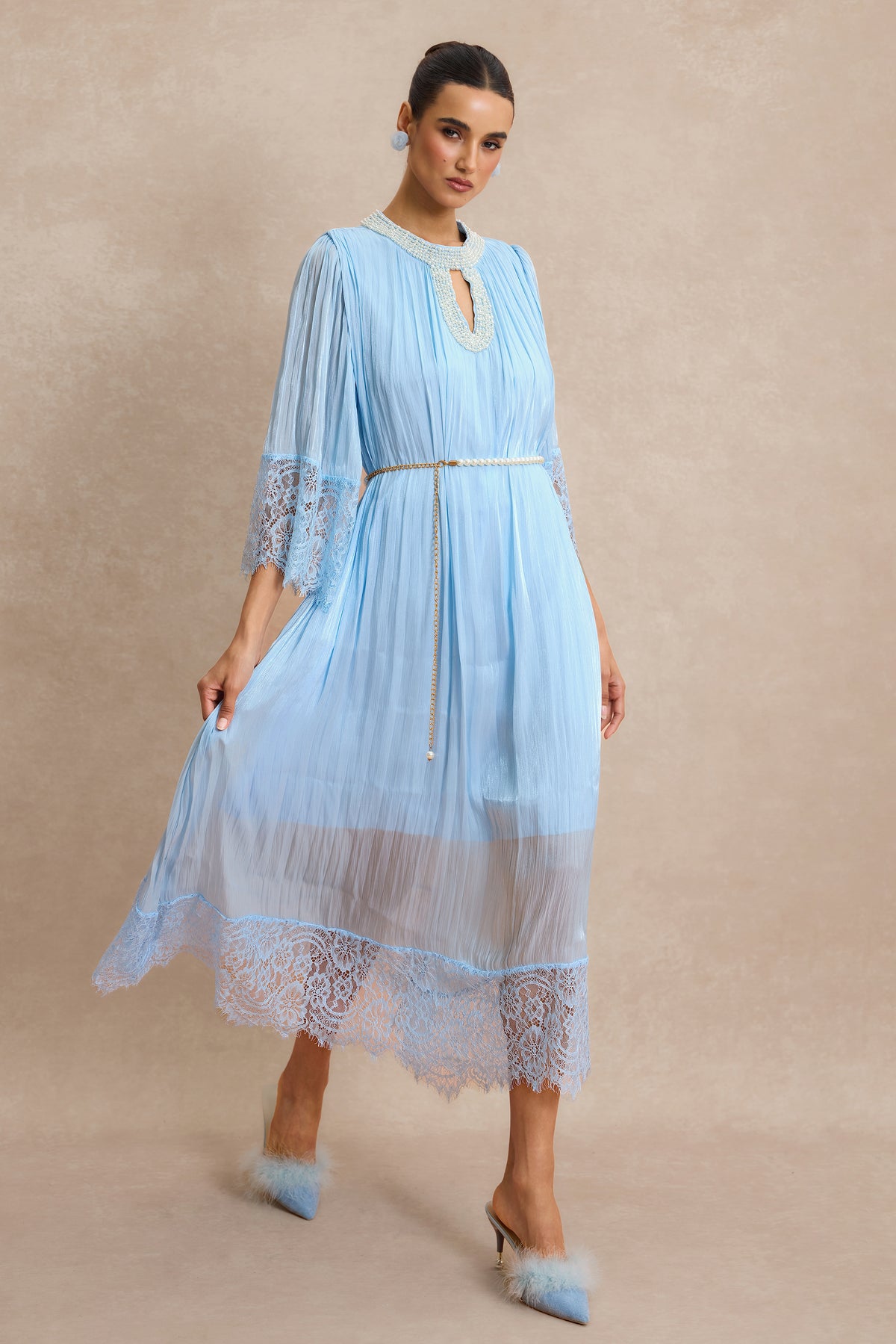Lace Splicing Satin Faux Pearl Maxi Dress